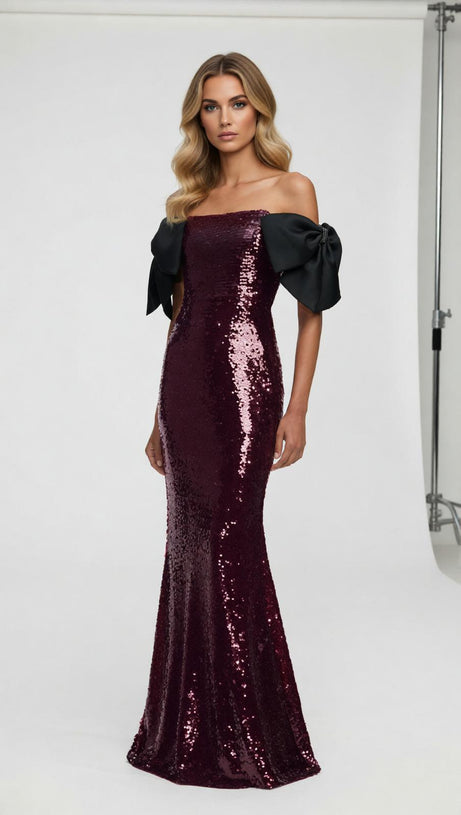 Jurek Sequin Off-Shoulder Bow Maxi Gown - Glamorous Formal Dress