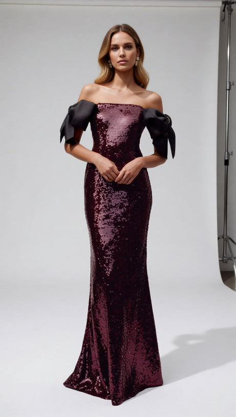 Jurek Sequin Off-Shoulder Bow Maxi Gown - Glamorous Formal Dress