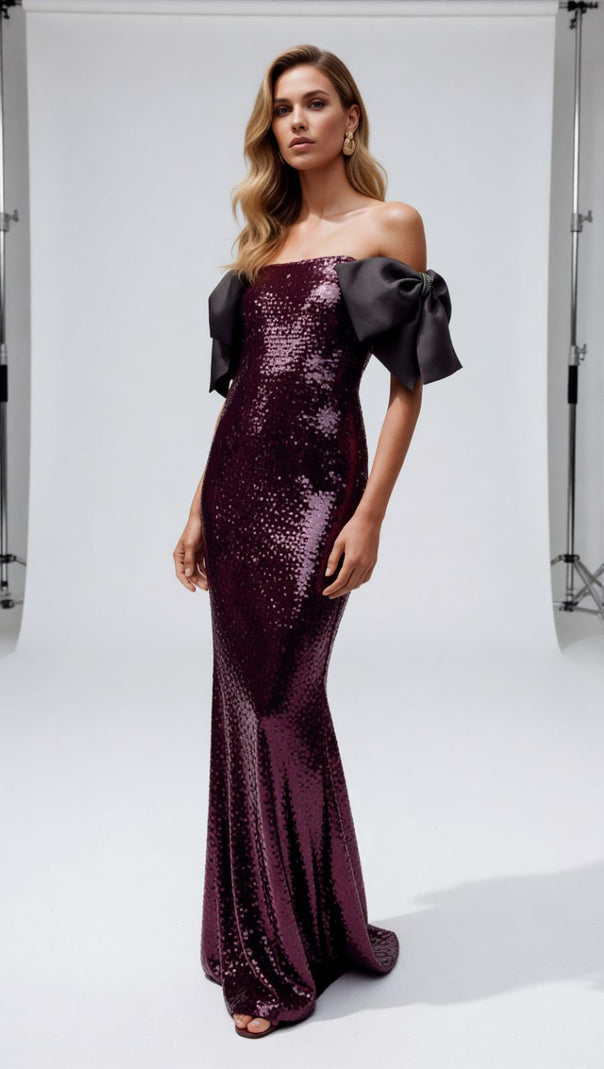 AIIZIE Jurek Sequin Off-Shoulder Bow Maxi Gown - Glamorous Formal Dress - product image