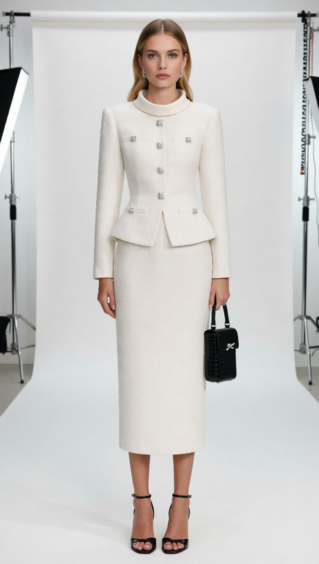 Jurnee Timeless White Tweed Skirt Suit Set | Peplum Jacket & Pencil Skirt