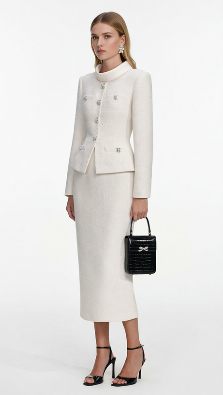 Jurnee Timeless White Tweed Skirt Suit Set | Peplum Jacket & Pencil Skirt
