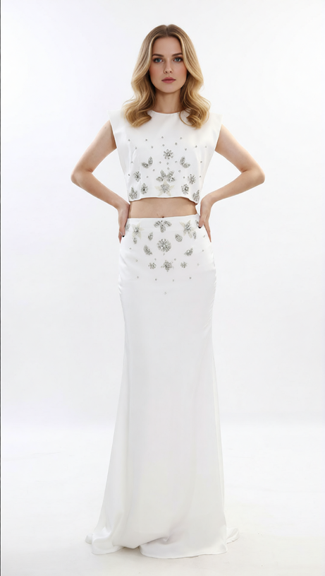 Juro White Diamante Embellished Two-Piece Set | Crop Top & Maxi Skirt