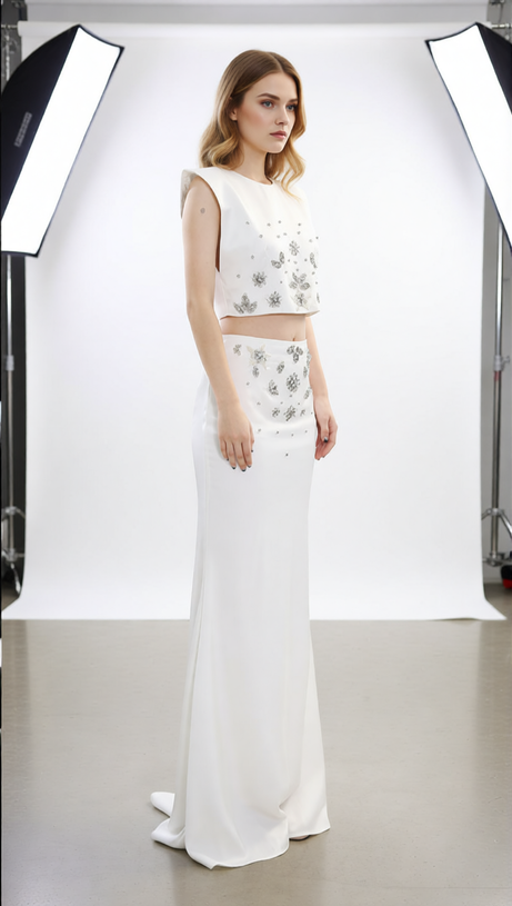 Juro White Diamante Embellished Two-Piece Set | Crop Top & Maxi Skirt