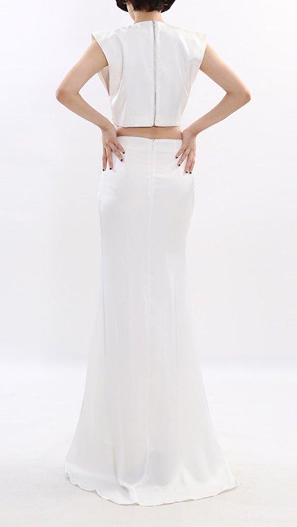 AIIZIE Juro White Diamante Embellished Two-Piece Set | Crop Top & Maxi Skirt - product image