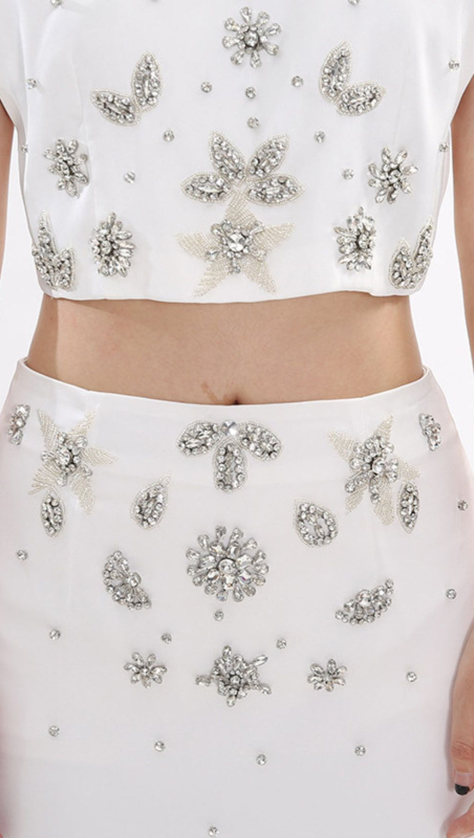 Juro White Diamante Embellished Two-Piece Set | Crop Top & Maxi Skirt