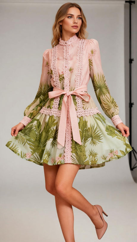 Justina Tropical Charm Mini Dress: Chic Lace & Long Sleeve Style