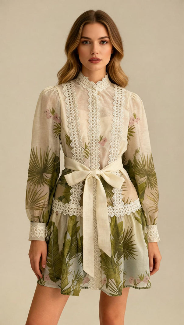 AIIZIE Justina Tropical Charm Mini Dress: Chic Lace & Long Sleeve Style - product image