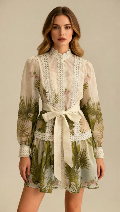 Justina Tropical Charm Mini Dress: Chic Lace & Long Sleeve Style