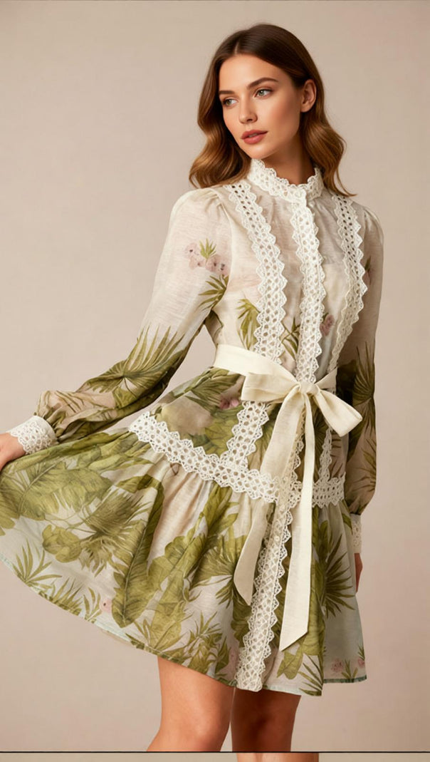 AIIZIE Justina Tropical Charm Mini Dress: Chic Lace & Long Sleeve Style - product image