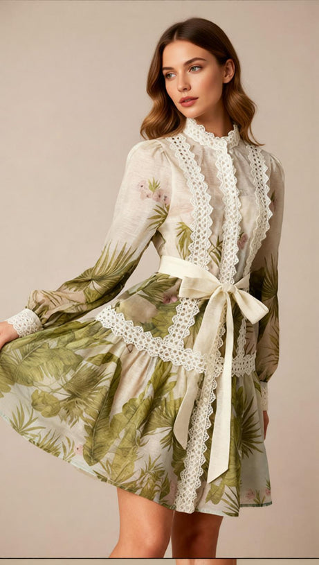 Justina Tropical Charm Mini Dress: Chic Lace & Long Sleeve Style