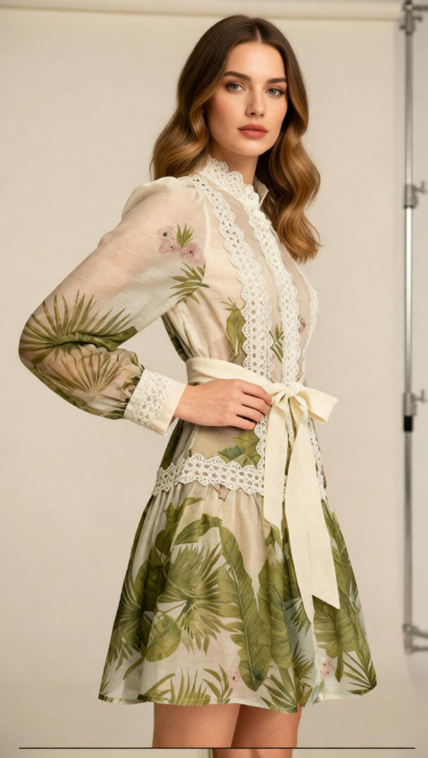 AIIZIE Justina Tropical Charm Mini Dress: Chic Lace & Long Sleeve Style - product image