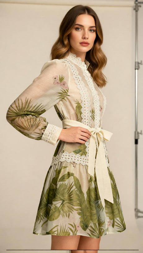 Justina Tropical Charm Mini Dress: Chic Lace & Long Sleeve Style