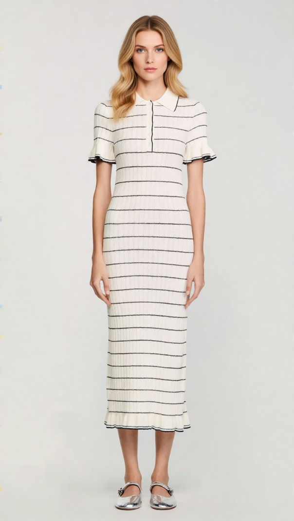 AIIZIE Jyoti Classic Striped Ribbed Knit Polo Midi Dress | Effortless Chic - product image