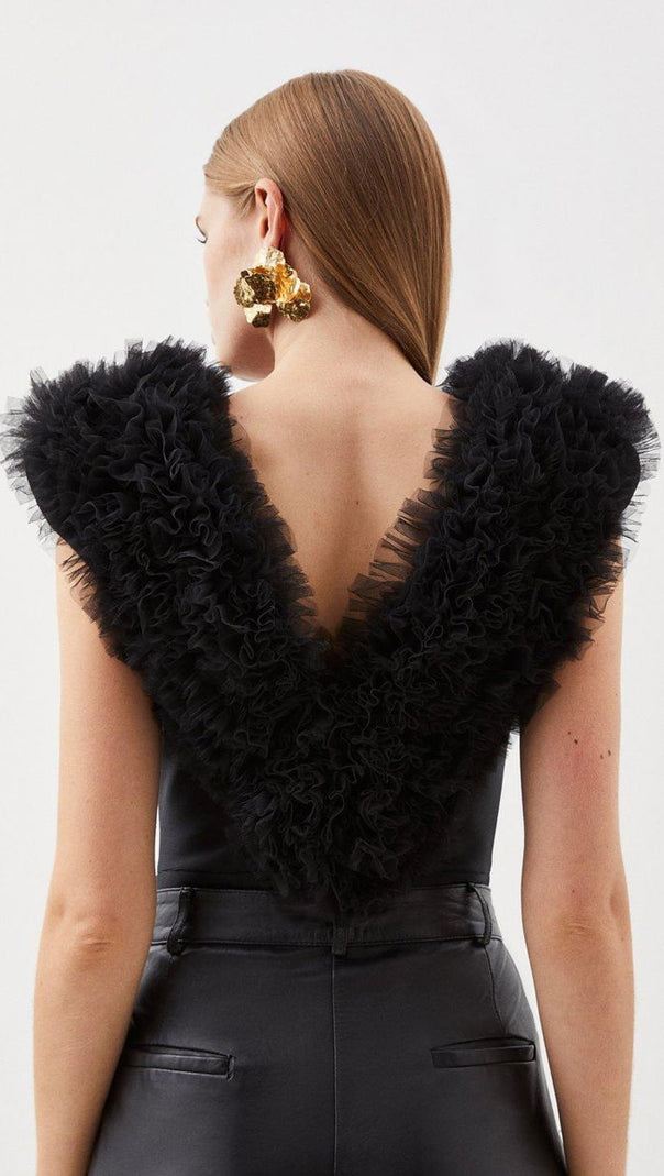 AIIZIE MIRANDA BLACK BANDAGE FIGURE FORM KNIT FLOWER DETAIL BODYSUIT - product image