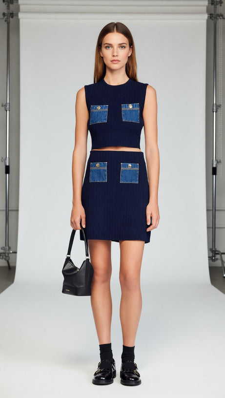 Chic Knit Ribbed Crop Top & Denim Pocket Mini Skirt Set