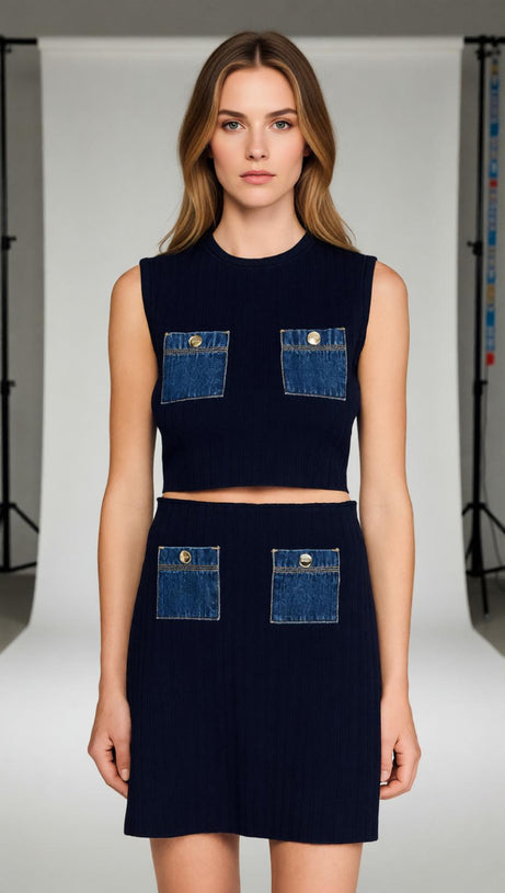 Chic Knit Ribbed Crop Top & Denim Pocket Mini Skirt Set