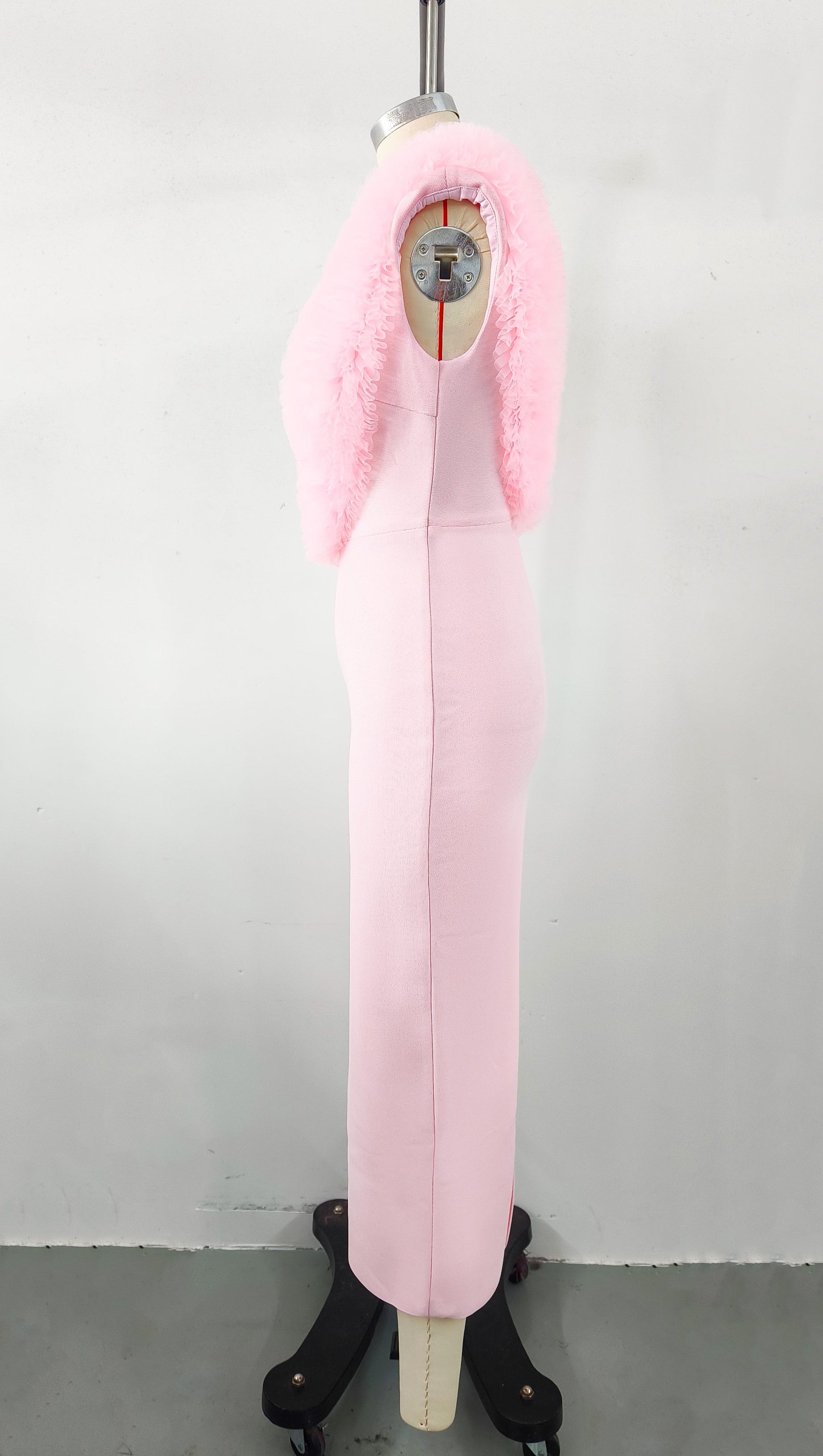 PINK SLEEVELESS FAUX FUR MIDI DRESS