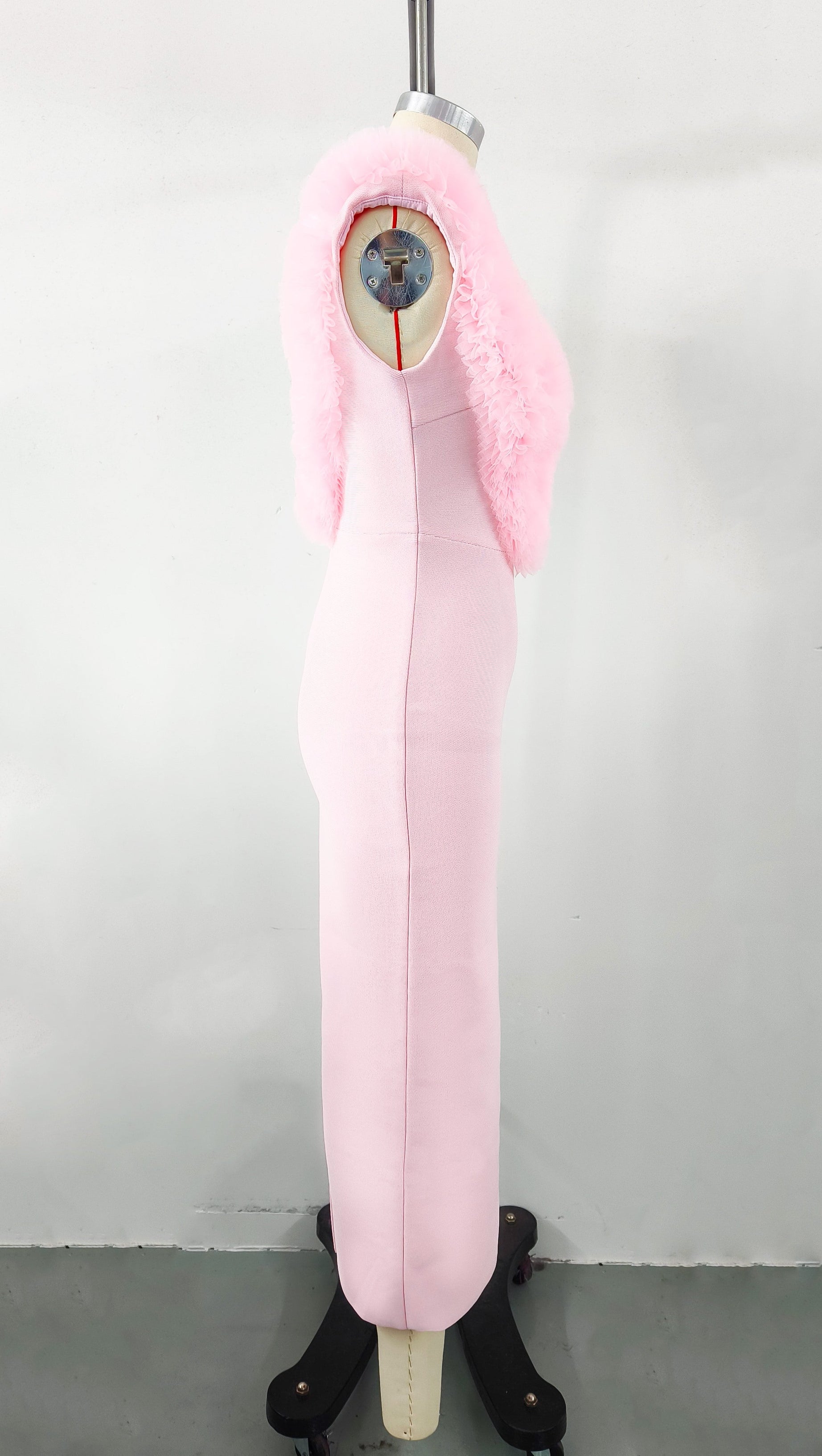 PINK SLEEVELESS FAUX FUR MIDI DRESS
