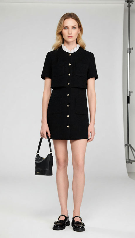 Elegant Black Tweed-Style Mini Dress | Removable Lace Collar & Gold Buttons