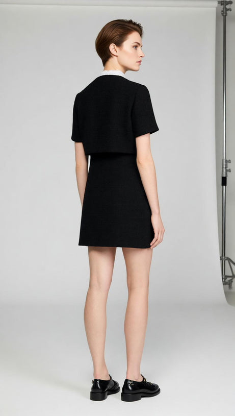 Elegant Black Tweed-Style Mini Dress | Removable Lace Collar & Gold Buttons
