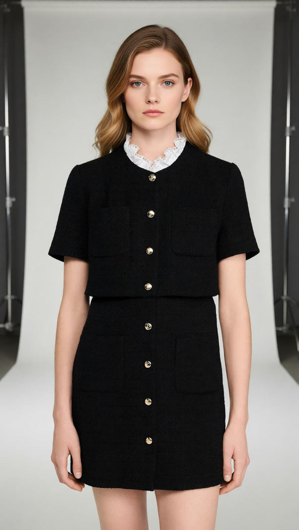 AIIZIE Elegant Black Tweed-Style Mini Dress | Removable Lace Collar & Gold Buttons - product image
