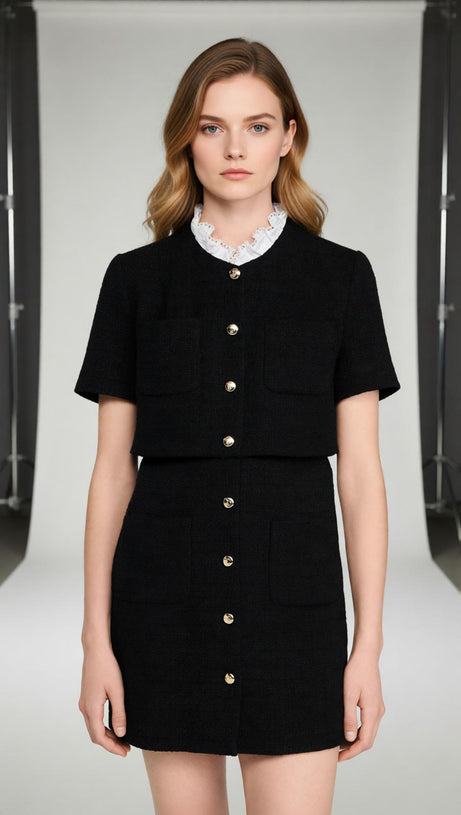 Elegant Black Tweed-Style Mini Dress | Removable Lace Collar & Gold Buttons