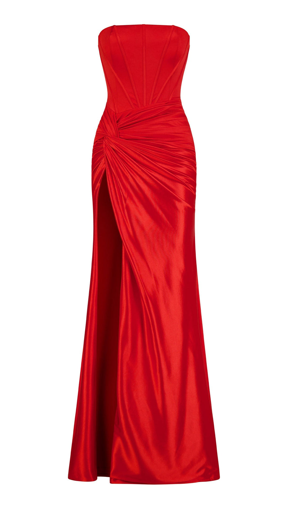 Plissiertes, trägerloses Maxikleid mit hohem Schlitz in Rot