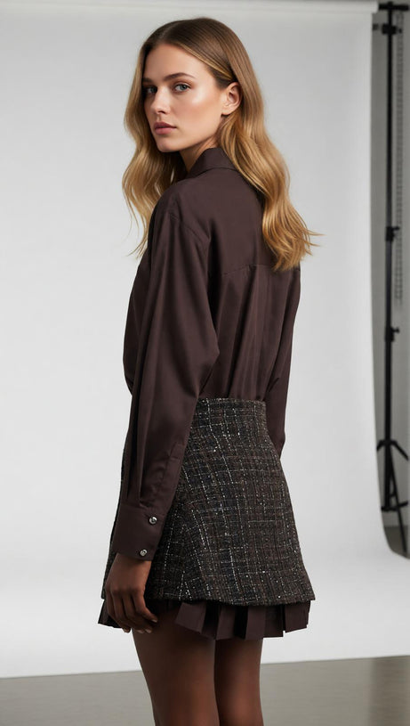 Chic Tweed Asymmetrical Mini Shirtdress | Layered Ruffle Design