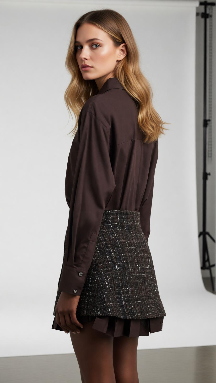 Chic Tweed Asymmetrical Mini Shirtdress | Layered Ruffle Design