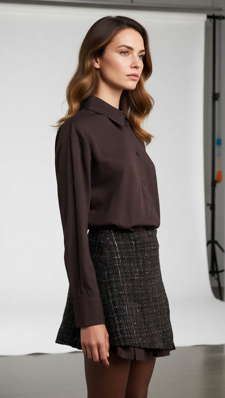 Chic Tweed Asymmetrical Mini Shirtdress | Layered Ruffle Design