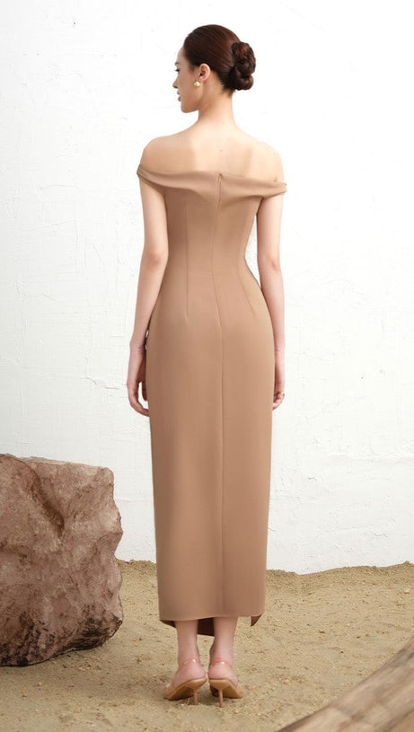 Layla – Schulterfreies, knöchellanges Twill-Kleid mit Schlitz