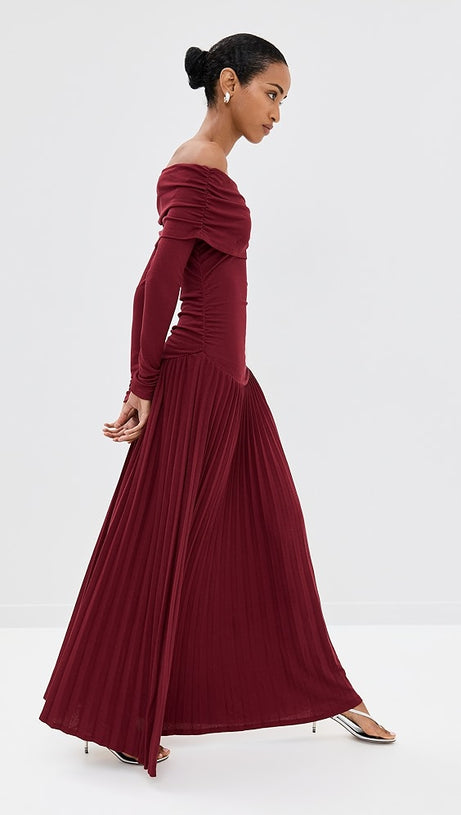 SARA BODYCON STRAPLESS LONG SLEEVE MAXI DRESS IN BURGUNDY