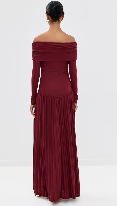 SARA BODYCON STRAPLESS LONG SLEEVE MAXI DRESS IN BURGUNDY