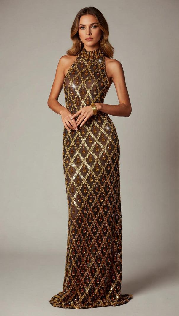 AIIZIE Liora Opulent Gold Sequin Crystal Halter Maxi Dress - Dazzling Gala Gown - product image