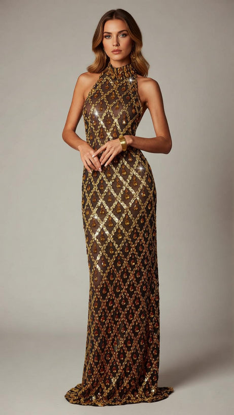 Liora Opulent Gold Sequin Crystal Halter Maxi Dress - Dazzling Gala Go AIIZIE Liora Opulent Gold Sequin Crystal Halter Maxi Dress - Dazzling Gala Go AIIZIE