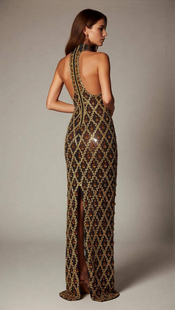 AIIZIE Liora Opulent Gold Sequin Crystal Halter Maxi Dress - Dazzling Gala Gown - product image