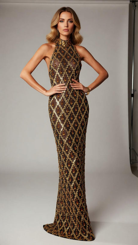 Liora Opulent Gold Sequin Crystal Halter Maxi Dress - Dazzling Gala Gown