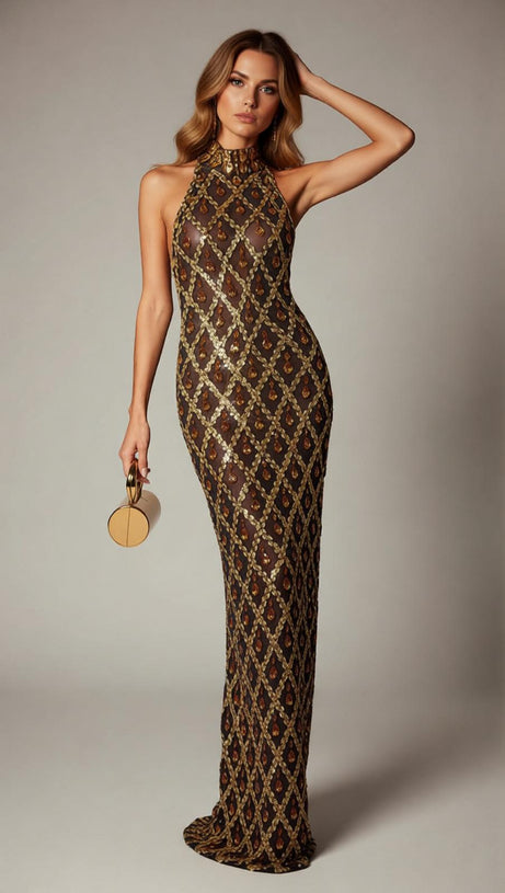Liora Opulent Gold Sequin Crystal Halter Maxi Dress - Dazzling Gala Gown
