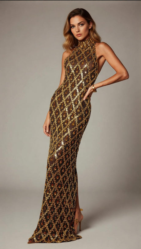 Liora Opulent Gold Sequin Crystal Halter Maxi Dress - Dazzling Gala Gown