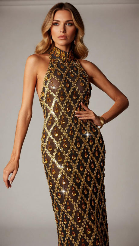 Liora Opulent Gold Sequin Crystal Halter Maxi Dress - Dazzling Gala Gown