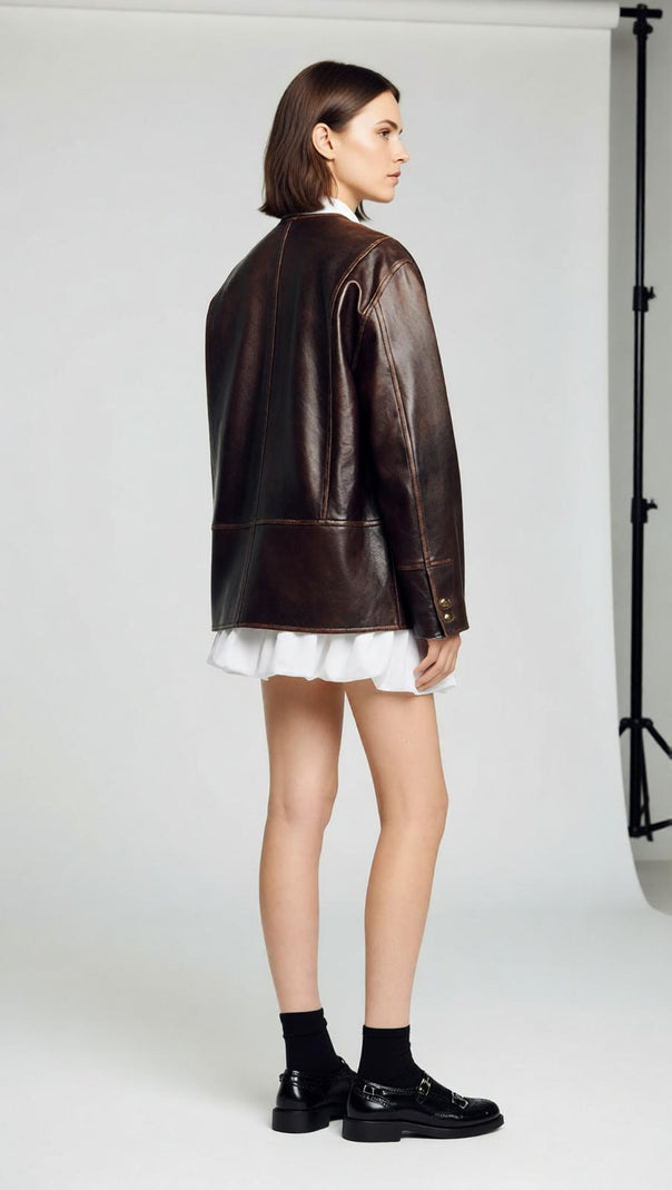 AIIZIE Women's Vintage Brown Distressed Leather Jacket | Relaxed Fit & Chic Style - product image