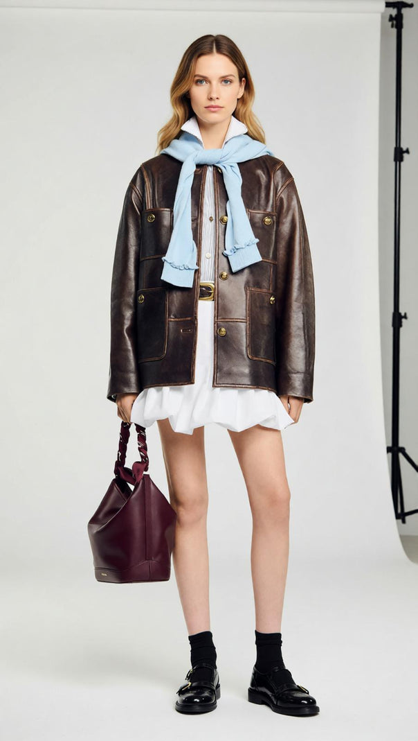 AIIZIE Women's Vintage Brown Distressed Leather Jacket | Relaxed Fit & Chic Style - product image
