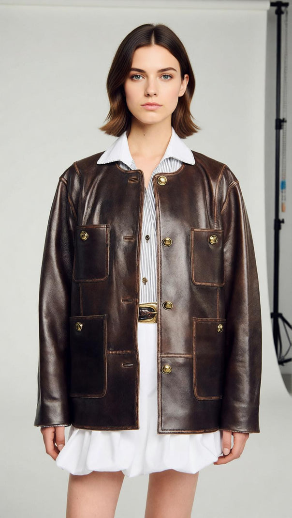 AIIZIE Women's Vintage Brown Distressed Leather Jacket | Relaxed Fit & Chic Style - product image