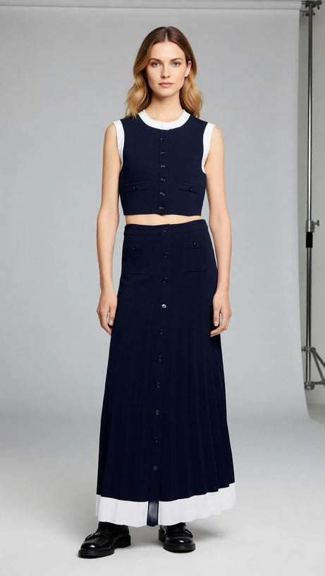 Chic Two-Piece Navy Knit Set: Cropped Vest & Pleated Maxi Skirt