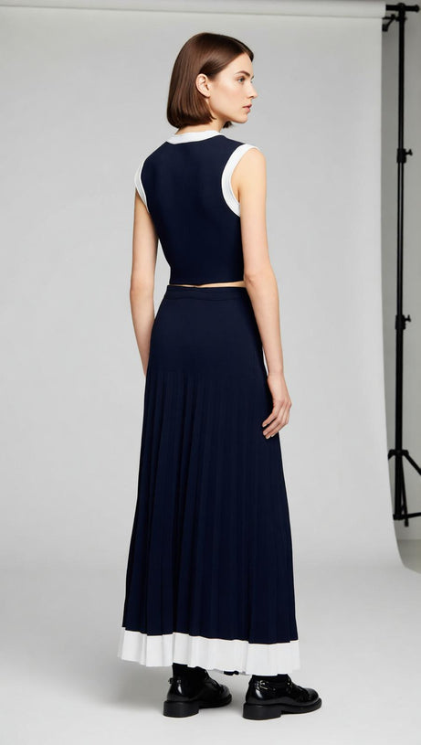 Chic Two-Piece Navy Knit Set: Cropped Vest & Pleated Maxi Skirt