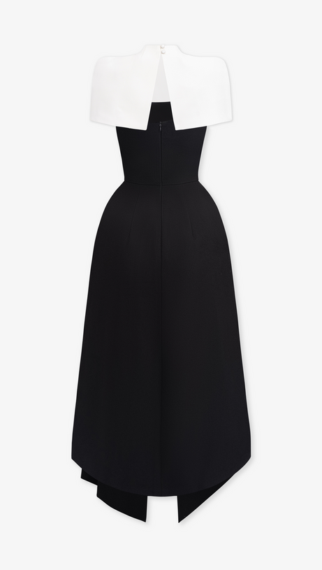 AUDREY SLIT CAPE MIDI DRESS IN BLACK
