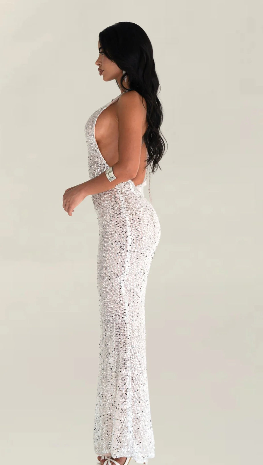 BARBARA HALTER SEQUIN MAXI DRESS IN SILVER