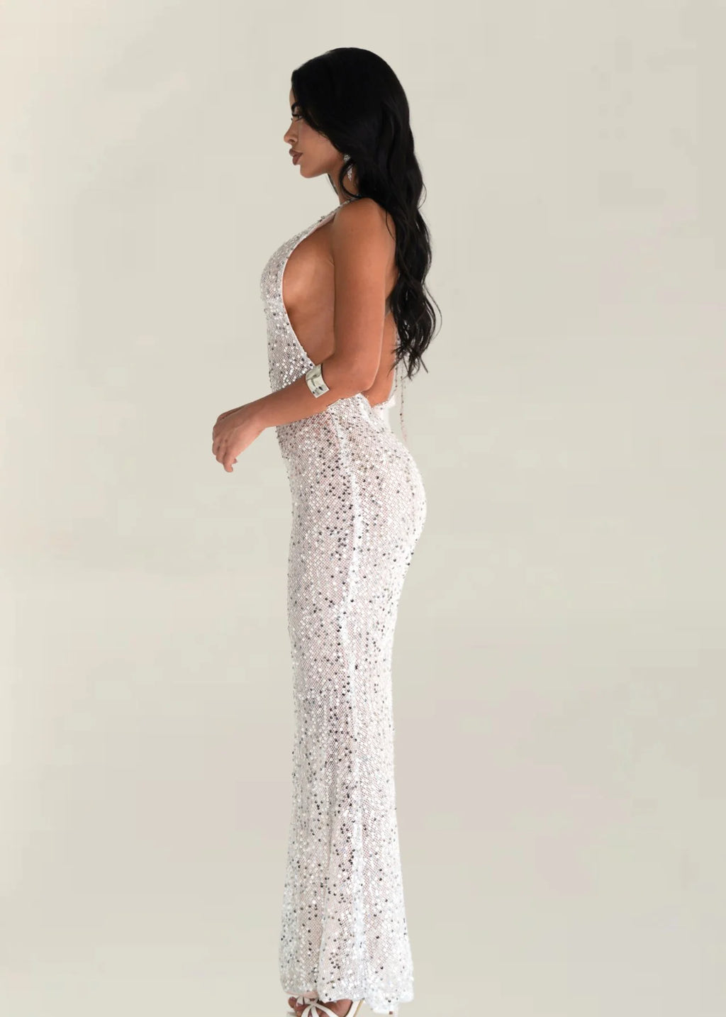 BARBARA HALTER SEQUIN MAXI DRESS IN SILVER