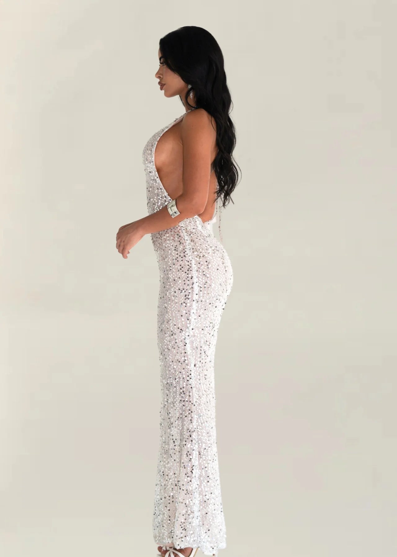 BARBARA HALTER SEQUIN MAXI DRESS IN SILVER