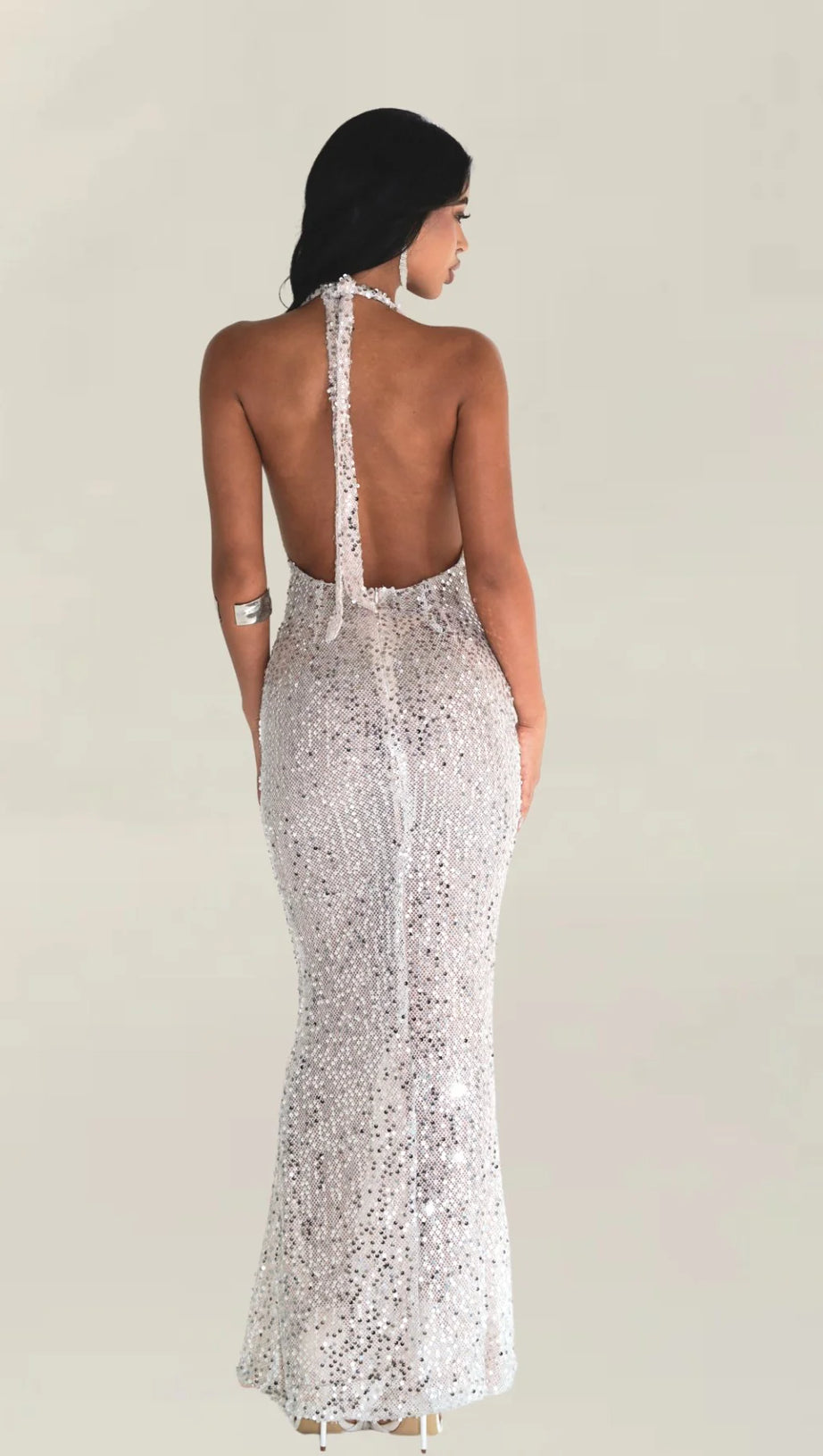 BARBARA HALTER SEQUIN MAXI DRESS IN SILVER